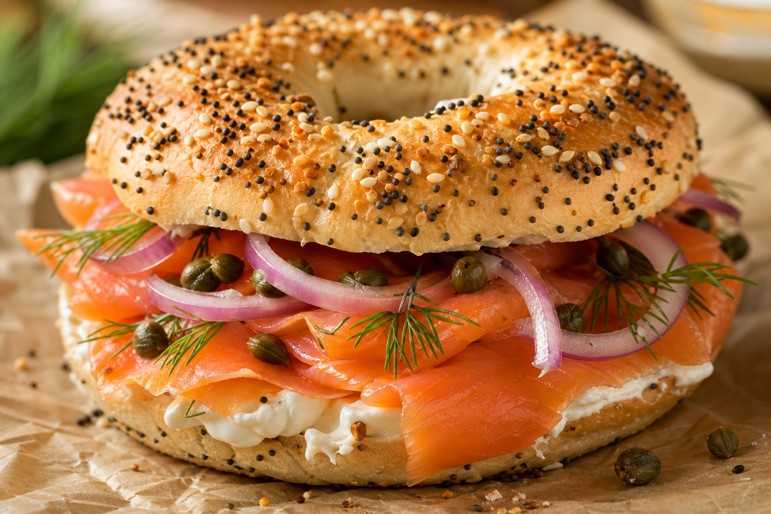 Loaded Nova Lox bagel with smoked salmon, capers, and red onion